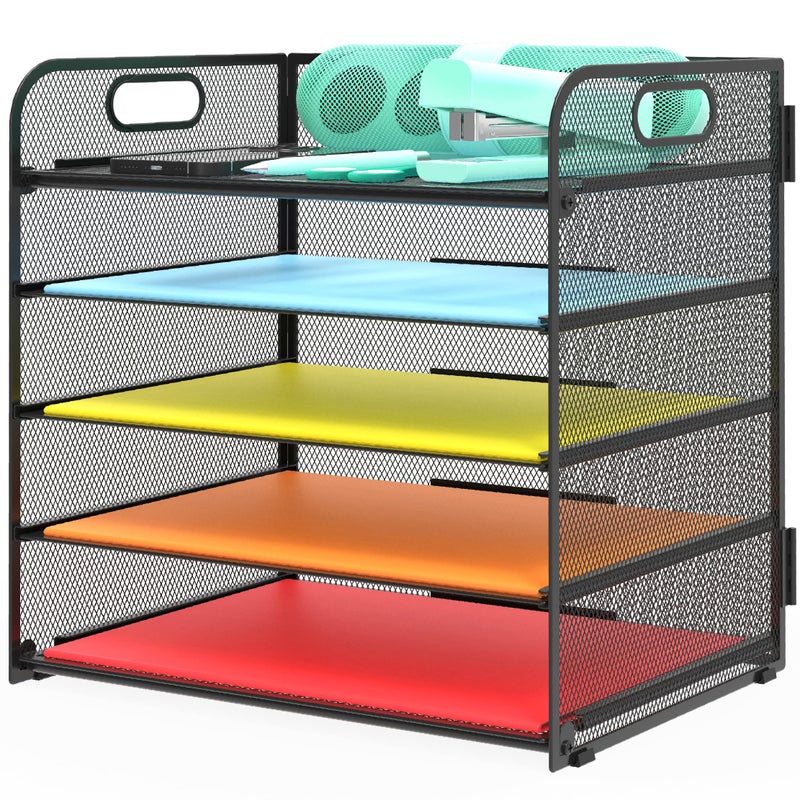 Sinboun Letter Tray Paper Organizer 5-Tier Desk Organizer File Organizer Paper Holder with Handle, Metal Desktop Document Shelf Tray Office Classroom Organization - Black - Image 1