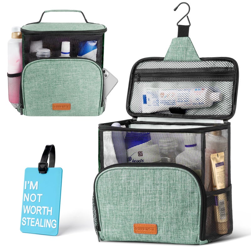 Hiverst Hanging Toiletry Bag Shower Caddy Tote Bag Updated Version Full Size Bottle Compatible Bath Organizer for College Dorms Gym Camp Women Men with Funny Luggage Tag