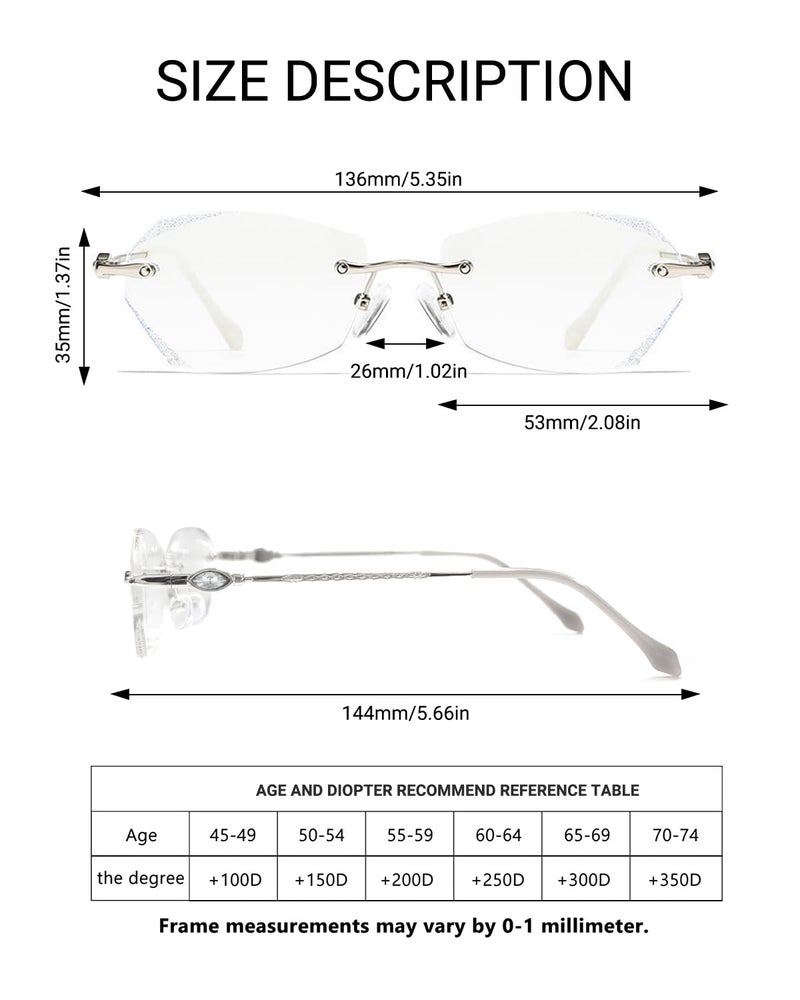 TERAISE Frameless Reading Glasses For Women With Blue Light Blocking,Fashion Diamond Cutting Rimless Eyeglasses - Image 5