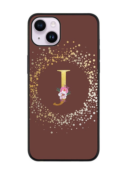 Rugged Black edge case for Apple iPhone 14 Slim fit Soft Case Flexible Rubber Edges TPU Gel Thin Cover - Custom Monogram Initial Letter Floral Pattern Alphabet - J (Brown)