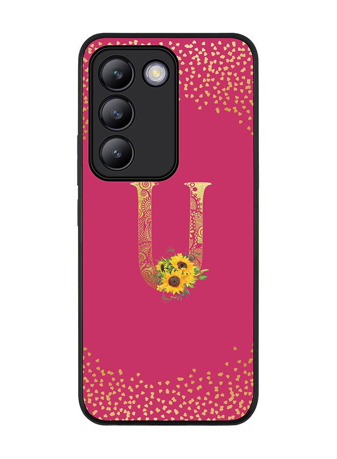 Stylizedd Rugged Black edge case for Vivo V30 Lite 5G, Cover Custom Monogram Initial Letter Mandala Floral Pattern Alphabet - U ( Deep Pink Rose ) - Image 1
