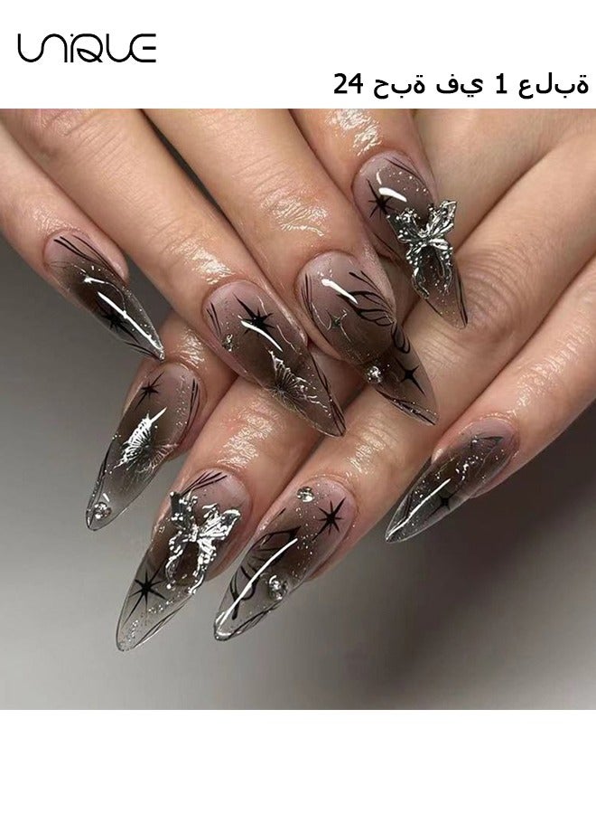 Unique 24Pcs Fake Nails, Press Nails, Long Almond Manicure - Ice Silver Butterfly Manicure - Black Starlight Diamond Manicure - Fake Nail Patch  - Image 1
