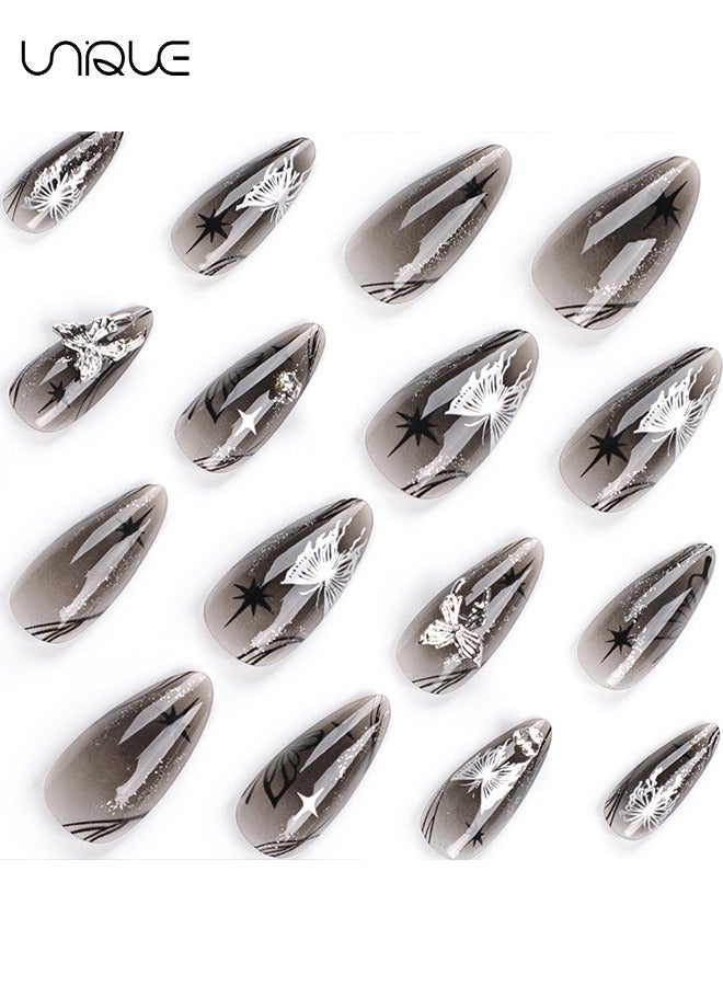 Unique 24Pcs Fake Nails, Press Nails, Long Almond Manicure - Ice Silver Butterfly Manicure - Black Starlight Diamond Manicure - Fake Nail Patch  - Image 3