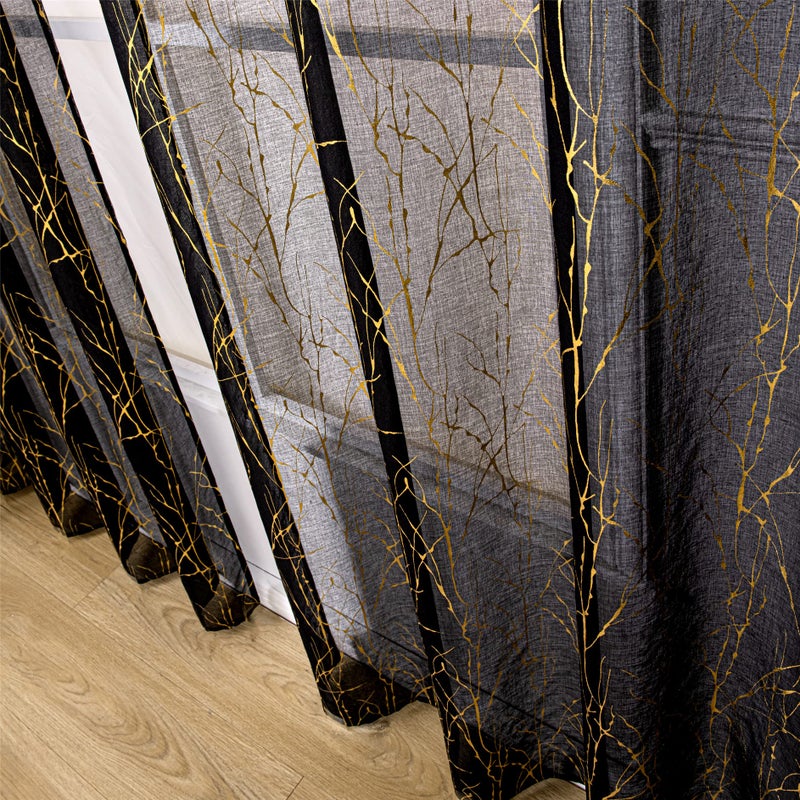 Deeprove الستائر الشفافة السوداء العميقة 96 بوصة طول 2 لوحات شجرة فرع الذهب رقائق الطباعة المعادن لغرفة النوم غرفة الطعام الملخص ديكور شبه شفاف النافذة زوج مجموعة الجيب W52 x L 96 "" - Image 5