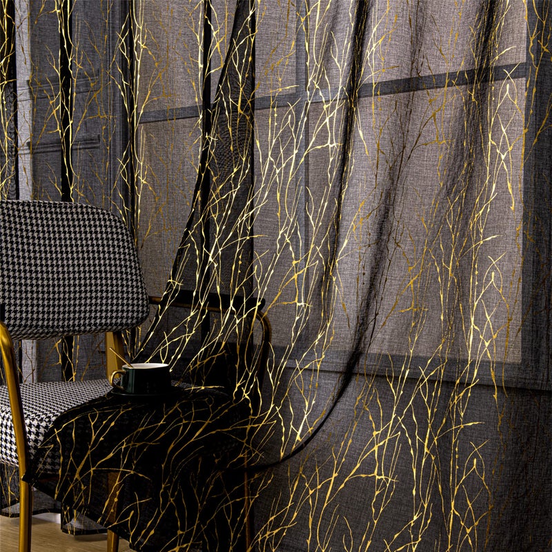 Deeprove الستائر الشفافة السوداء العميقة 96 بوصة طول 2 لوحات شجرة فرع الذهب رقائق الطباعة المعادن لغرفة النوم غرفة الطعام الملخص ديكور شبه شفاف النافذة زوج مجموعة الجيب W52 x L 96 "" - Image 1