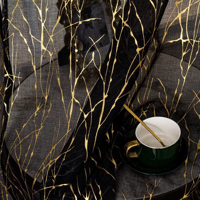 Deeprove الستائر الشفافة السوداء العميقة 96 بوصة طول 2 لوحات شجرة فرع الذهب رقائق الطباعة المعادن لغرفة النوم غرفة الطعام الملخص ديكور شبه شفاف النافذة زوج مجموعة الجيب W52 x L 96 "" - Image 3
