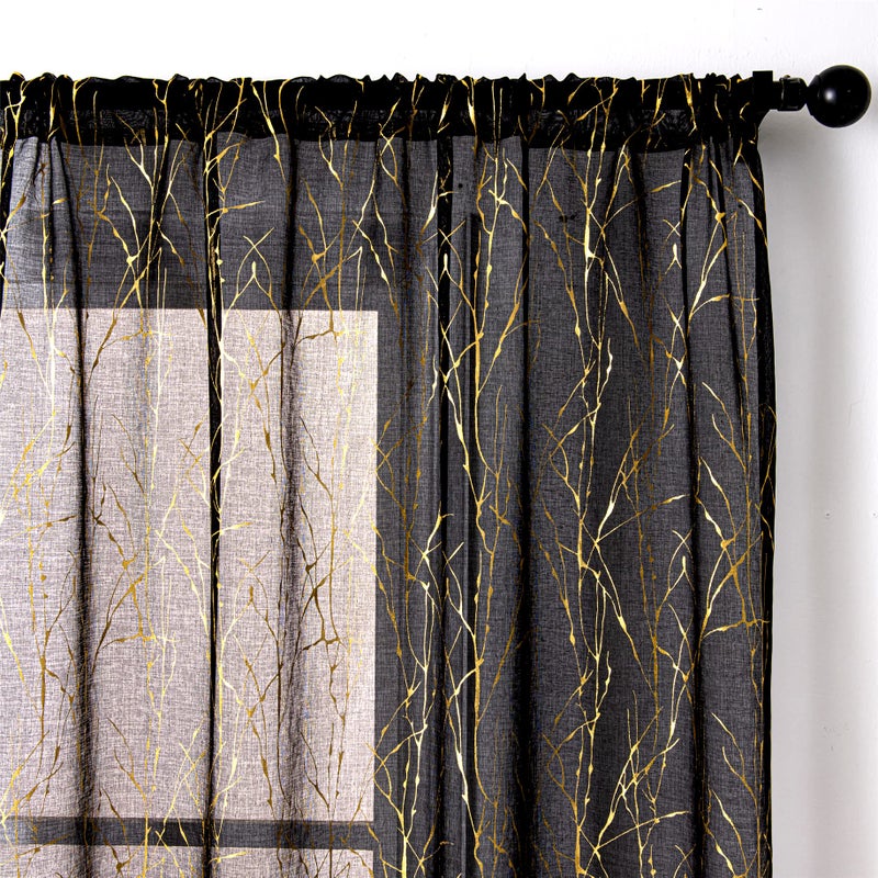 Deeprove الستائر الشفافة السوداء العميقة 96 بوصة طول 2 لوحات شجرة فرع الذهب رقائق الطباعة المعادن لغرفة النوم غرفة الطعام الملخص ديكور شبه شفاف النافذة زوج مجموعة الجيب W52 x L 96 "" - Image 2