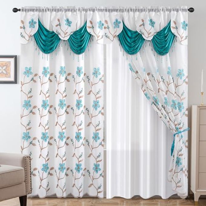 Petrichor Embroidered Sheer Curtain 2 Panels Set Luxury Window Curtain Attached Valance with Satin Backing and 2 Tie Backs for Living Room,Dining Room, 54x84 inches, Turquoise - Image 4