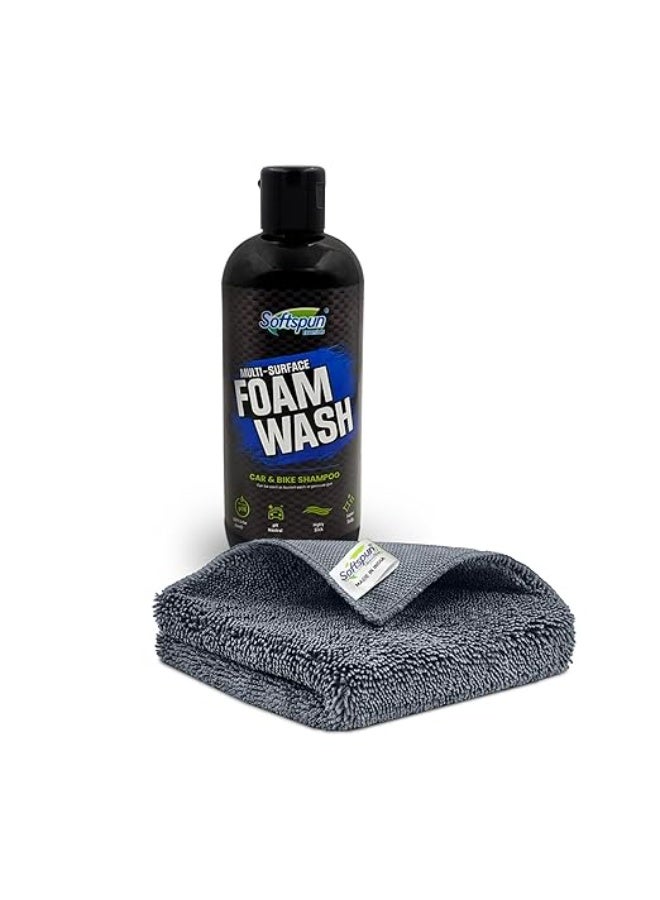 SOFTSPUN Microfiber 30x30cm 600gsm 1Pc Grey + 300mL Car & Bike Premium Liquid Shampoo Combo | Extra Suds, Removes Tough Dirt & Grime | pH Neutral | Works with Bucket & Foam Cannon - Image 1