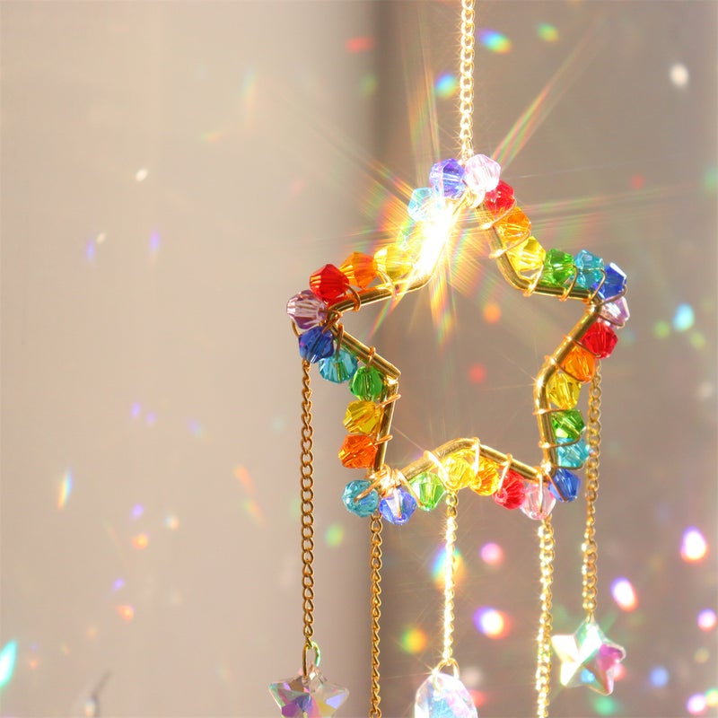 Crystal Sun Catcher Living Room Decoration Colorful Pointed Beads Ab Colorful Golden Circle Five-Pointed Star Moon Love - Image 5