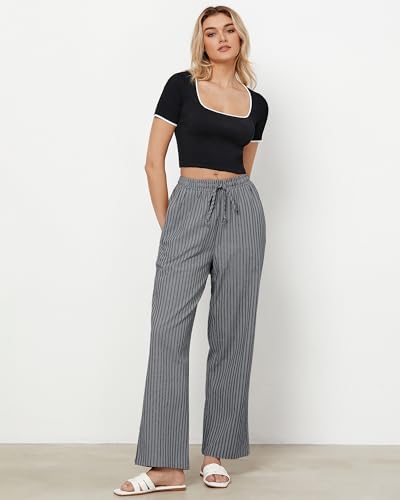 GRAPENT Striped Linen Pants Women Linen Blend Pants for Women Womens Elastic Waist Drawstring Women's Wide Leg Trousers Gray Black Stripe Size Large US 12 to 14 - Image 2