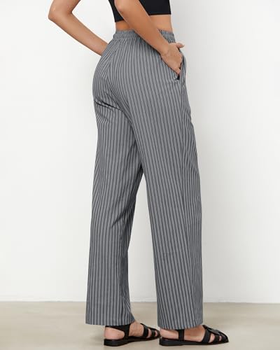 GRAPENT Striped Linen Pants Women Linen Blend Pants for Women Womens Elastic Waist Drawstring Women's Wide Leg Trousers Gray Black Stripe Size Large US 12 to 14 - Image 3