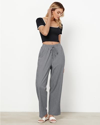 GRAPENT Striped Linen Pants Women Linen Blend Pants for Women Womens Elastic Waist Drawstring Women's Wide Leg Trousers Gray Black Stripe Size Large US 12 to 14 - Image 5