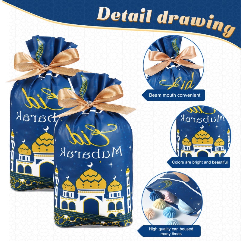 Blulu 50 Pcs Eid Mubarak Gifts Bags Plastic Ramadan Gift Bags Arabesque Moon Bulk Mosque Happy Eid Theme Goodie Pouches for Muslim Mubarak Party Candy Wrapping Supplies Decorations(Blue) - Image 3