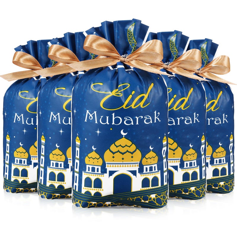 Blulu 50 Pcs Eid Mubarak Gifts Bags Plastic Ramadan Gift Bags Arabesque Moon Bulk Mosque Happy Eid Theme Goodie Pouches for Muslim Mubarak Party Candy Wrapping Supplies Decorations(Blue) - Image 1