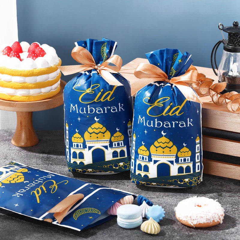 Blulu 50 Pcs Eid Mubarak Gifts Bags Plastic Ramadan Gift Bags Arabesque Moon Bulk Mosque Happy Eid Theme Goodie Pouches for Muslim Mubarak Party Candy Wrapping Supplies Decorations(Blue) - Image 4