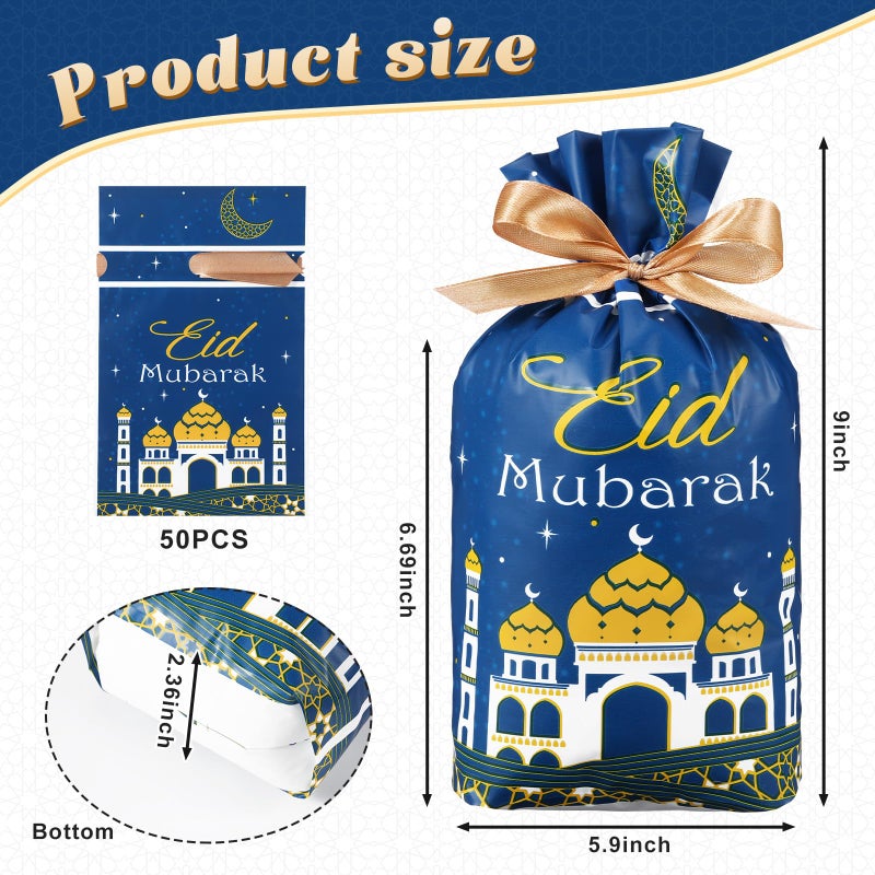 Blulu 50 Pcs Eid Mubarak Gifts Bags Plastic Ramadan Gift Bags Arabesque Moon Bulk Mosque Happy Eid Theme Goodie Pouches for Muslim Mubarak Party Candy Wrapping Supplies Decorations(Blue) - Image 2