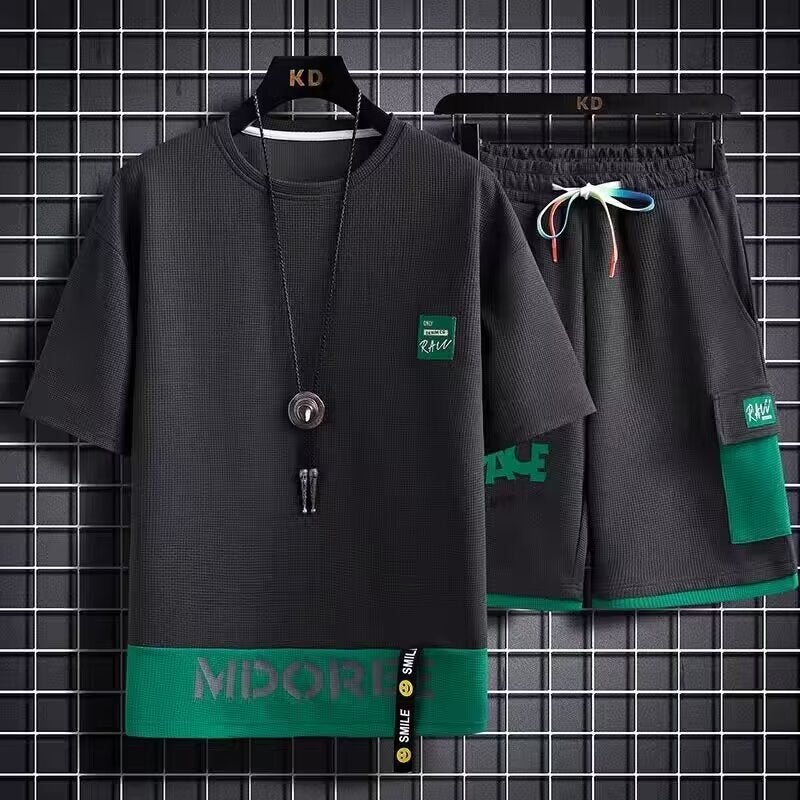 Summer Casual Mens Waffle Sports Set Black suit T06 
