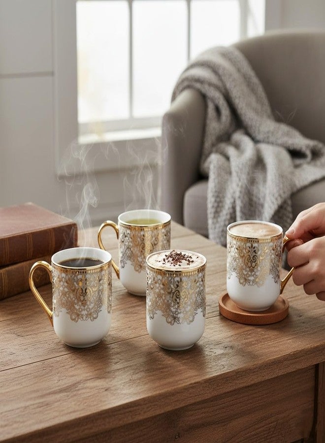Femora Premium Ceramic Coffee Mugs and Tea Cups Set of 4 | White & Gold Filigree Design with Golden Handle | Elegant Coffee, Espresso, Latte, or Tea Cups for Home & Gift (NOT Microwave Safe) - Image 1