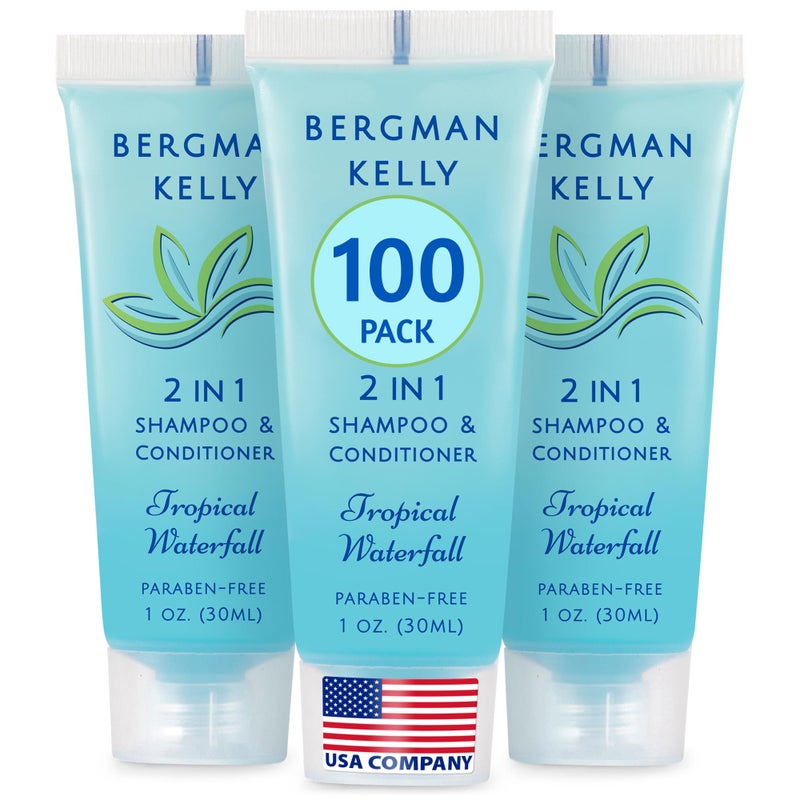 Bergman Kelly - Travel Size 2 in 1 Shampoo & Conditioner - 1 fl oz, 100 PK, Tropical Waterfall - Delight Your Guests w/Invigorating & Refreshing Shampoo Amenities - Small Hotel Toiletries in Bulk - Image 1