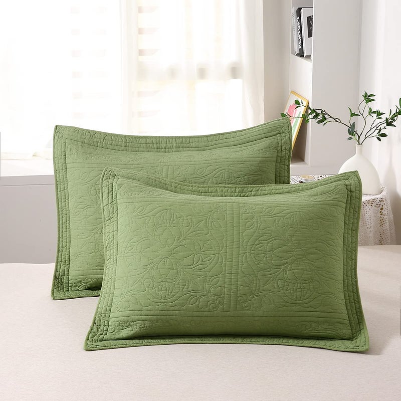 WINLIFE WINLIFE 100% Cotton Quilted Pillow Sham Floral Printed Pillow Cover (Standard  Olive Green)  - Image 1