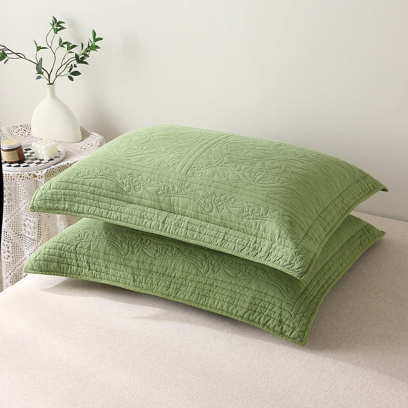 WINLIFE WINLIFE 100% Cotton Quilted Pillow Sham Floral Printed Pillow Cover (Standard  Olive Green)  - Image 2
