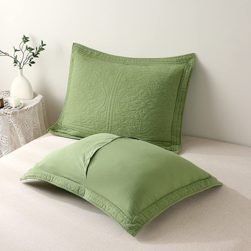 WINLIFE WINLIFE 100% Cotton Quilted Pillow Sham Floral Printed Pillow Cover (Standard  Olive Green)  - Image 4