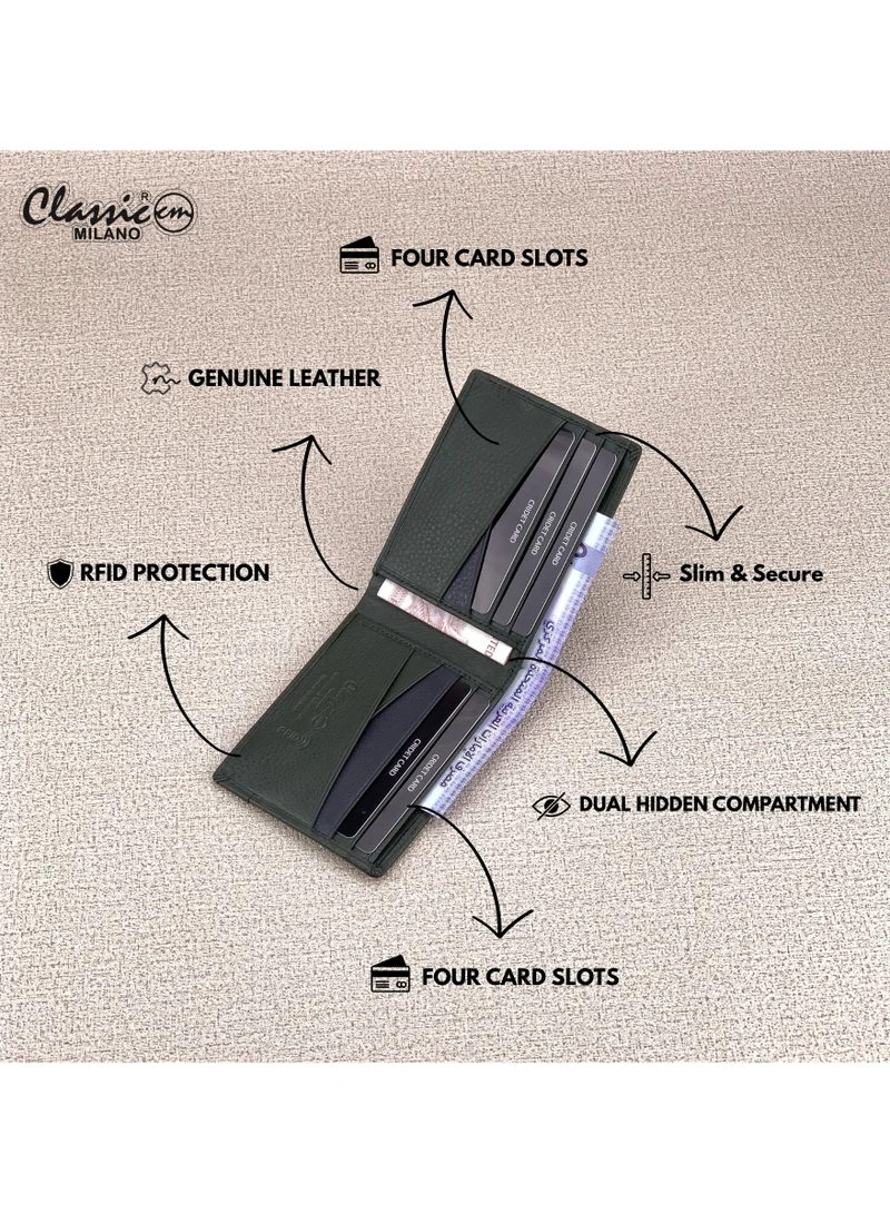 Classic Milano Green (CNH-5) Classic Milano Genuine Leather Wallet for Men – Slim Bifold Men’s Wallet with RFID Blocking, Multiple Card Slots – Stylish Mens Purse Wallets Gift for Husband, Father for Men | Best Price UAE