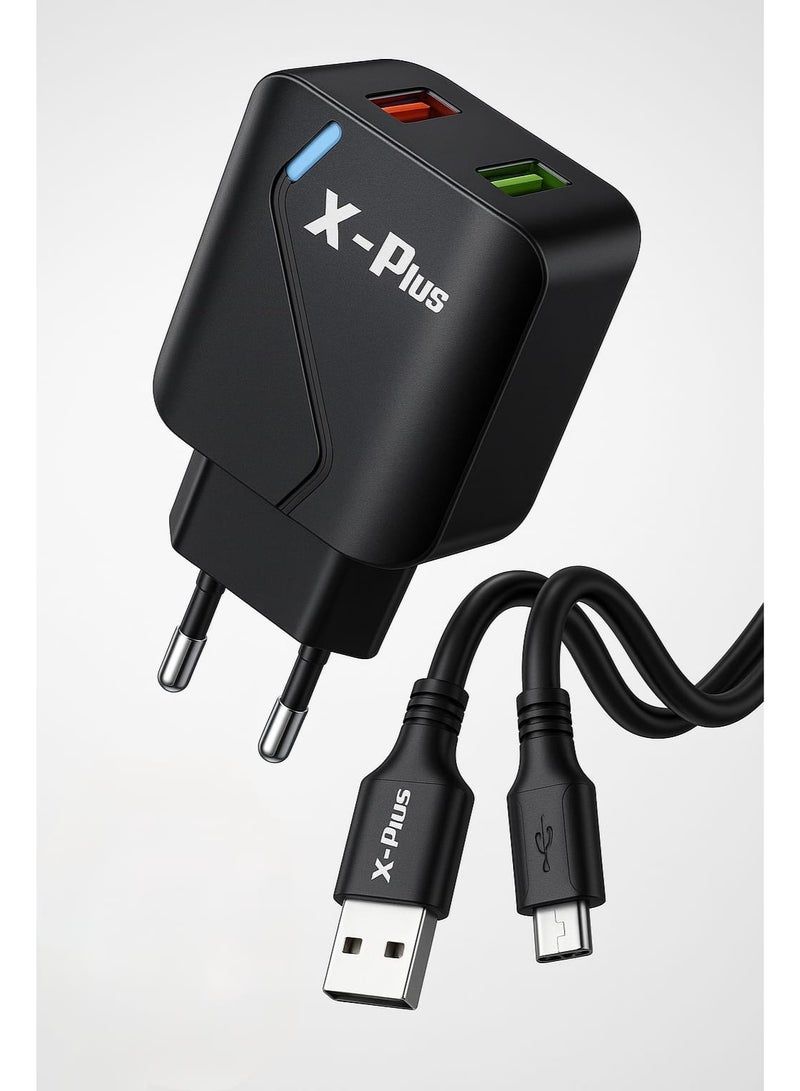 شاحن جداري سريع X-Plus بقدرة 28 واط مع كابل مايكرو USB مزدوج المنافذ – شحن سريع LED ذكي