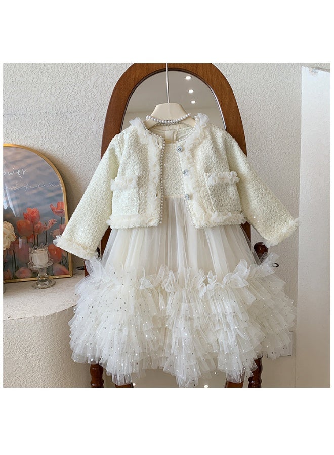 Girls' Set Skirt Autumn  Children's Stylish Small Fragrant Coat Tank Top Puff Skirt Two Piece Set - Image 1