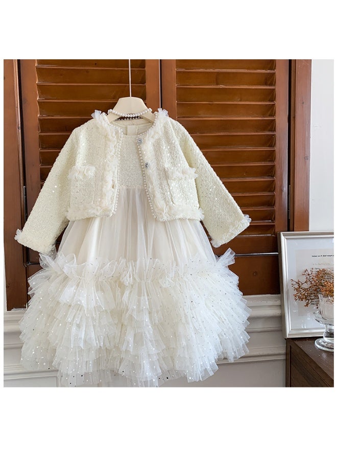 Girls' Set Skirt Autumn  Children's Stylish Small Fragrant Coat Tank Top Puff Skirt Two Piece Set - Image 2