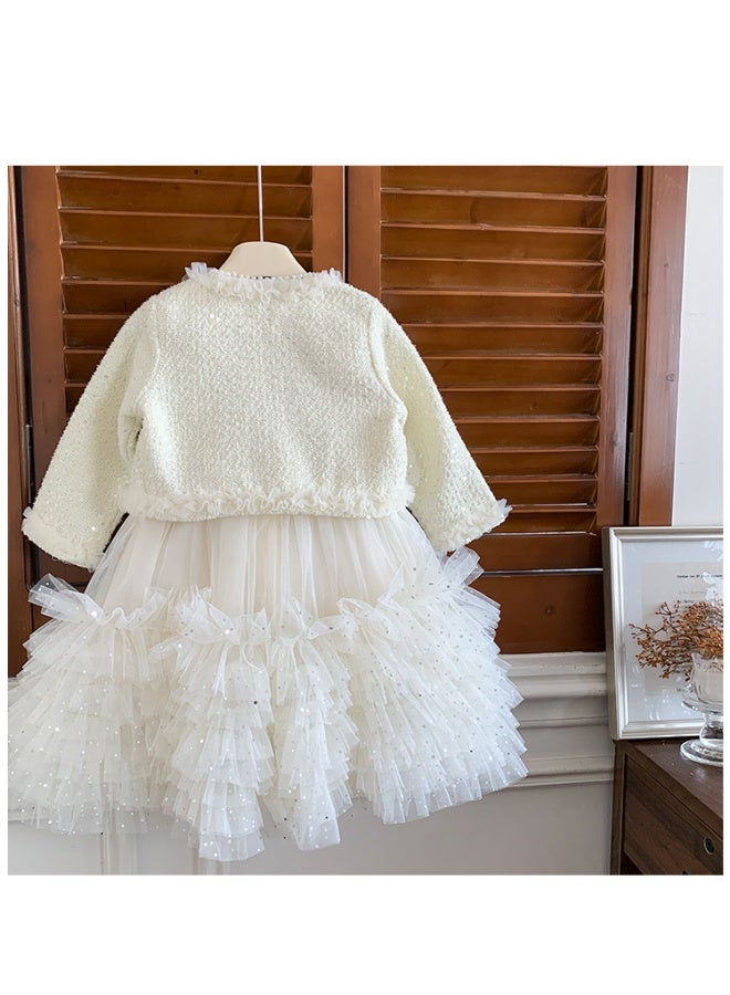Girls' Set Skirt Autumn  Children's Stylish Small Fragrant Coat Tank Top Puff Skirt Two Piece Set - Image 3