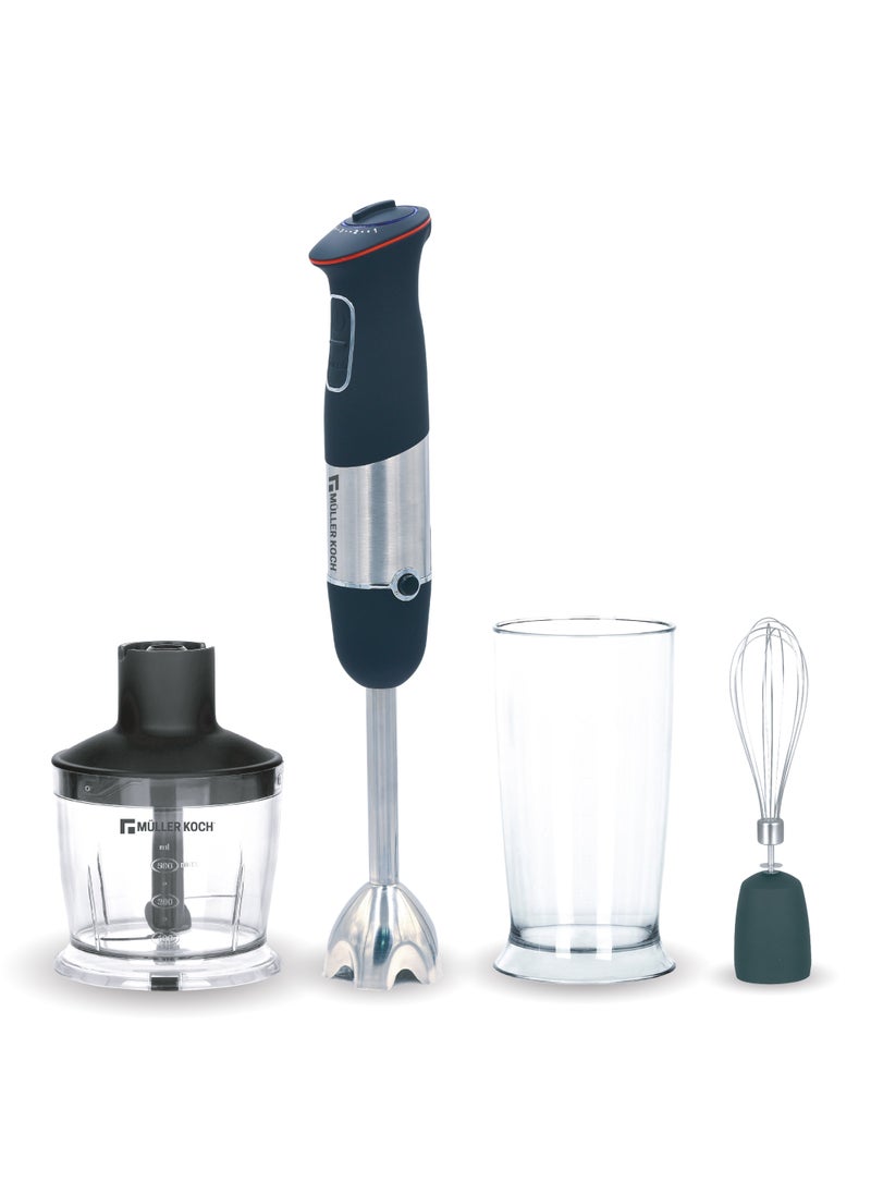 MULLER KOCH - 1000W Hand Blender Set, 4-in-1 Stainless Steel with Turbo Speed Controller and Soft Touch Handle - Has a 500 mL Chopper Attachment and 600 mL Beaker - Image 1