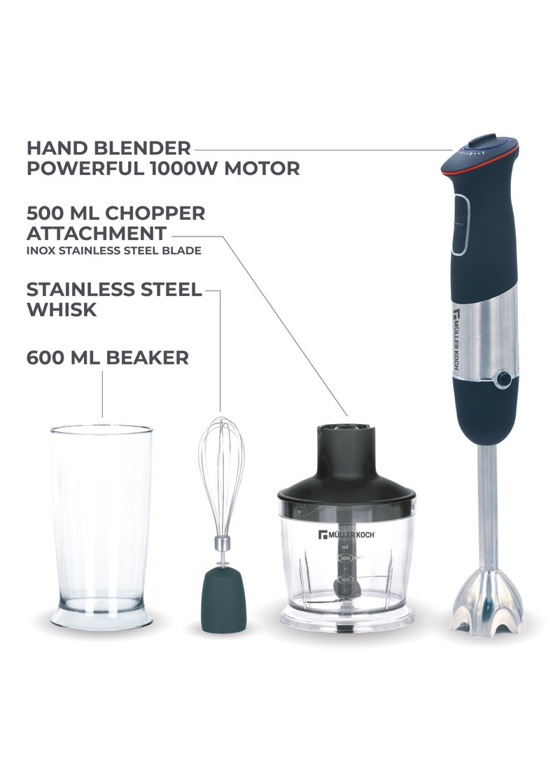 MULLER KOCH - 1000W Hand Blender Set, 4-in-1 Stainless Steel with Turbo Speed Controller and Soft Touch Handle - Has a 500 mL Chopper Attachment and 600 mL Beaker - Image 1