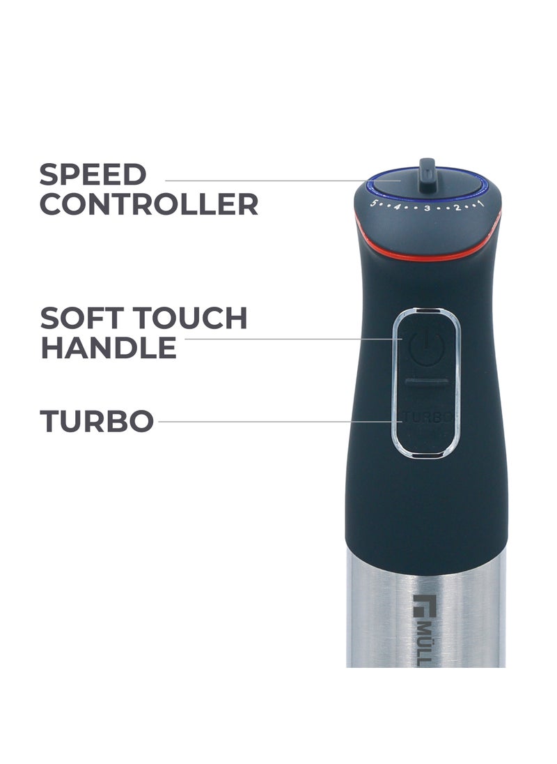 MULLER KOCH - 1000W Hand Blender Set, 4-in-1 Stainless Steel with Turbo Speed Controller and Soft Touch Handle - Has a 500 mL Chopper Attachment and 600 mL Beaker - Image 1