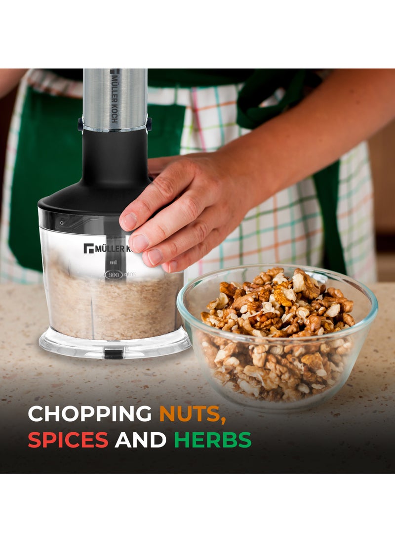 MULLER KOCH - 1000W Hand Blender Set, 4-in-1 Stainless Steel with Turbo Speed Controller and Soft Touch Handle - Has a 500 mL Chopper Attachment and 600 mL Beaker - Image 1