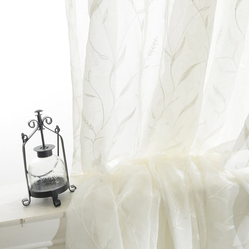 Taupe Sheer Curtains 96 Inches Long, Bird Embroidered, Rod Pocket, 2 Panels - Image 3