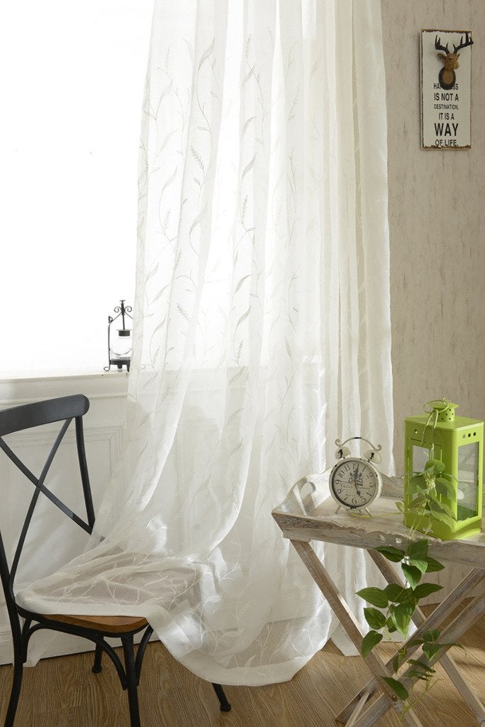 Taupe Sheer Curtains 96 Inches Long, Bird Embroidered, Rod Pocket, 2 Panels - Image 2