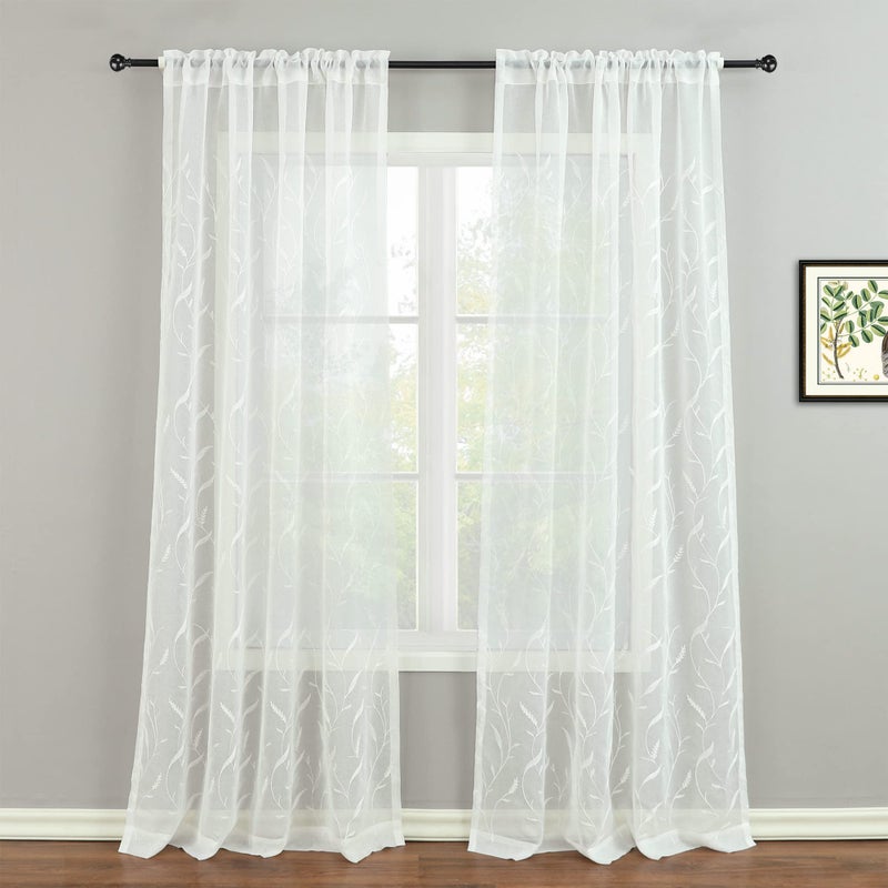 Taupe Sheer Curtains 96 Inches Long, Bird Embroidered, Rod Pocket, 2 Panels - Image 1