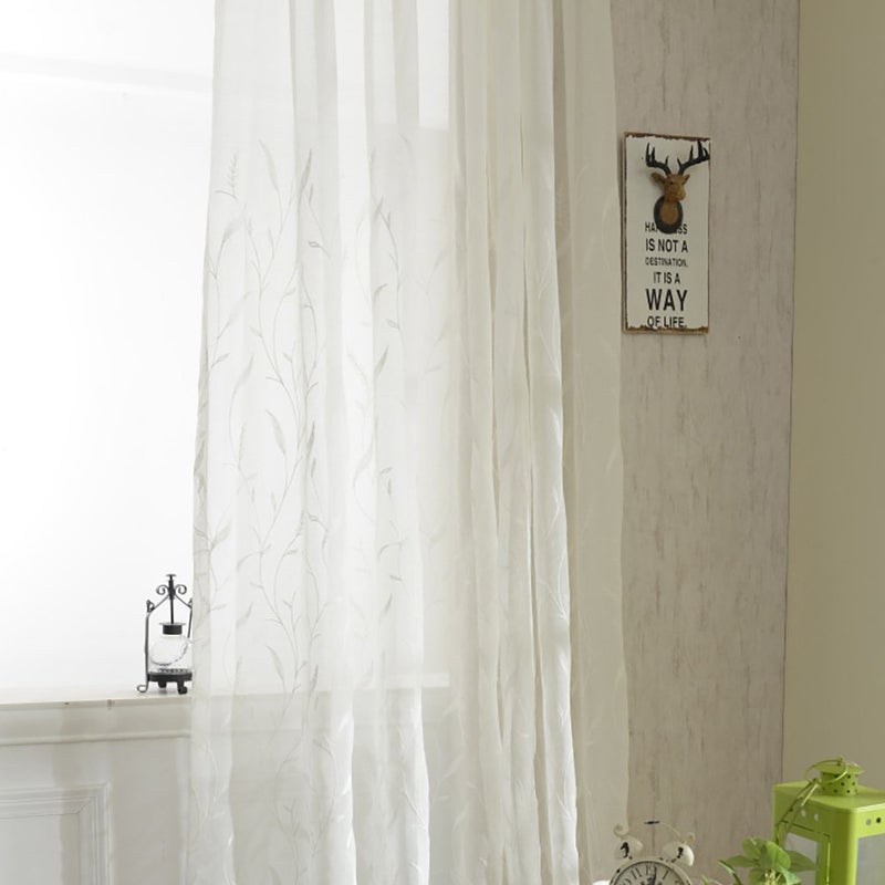 Taupe Sheer Curtains 96 Inches Long, Bird Embroidered, Rod Pocket, 2 Panels - Image 5