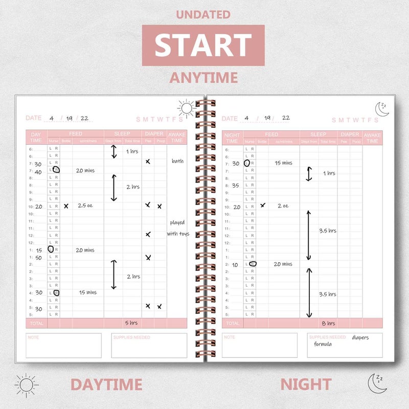 Tiankool Baby's Daily Log Book - A5 Baby Care planner for Newborns, Schedule for Tracking Newborn's Daily Routine, 152 Easy to Fill Pages Track and Monitor Nursing, Sleep, Feeding, Diapers, Pumping - Pink - Image 3