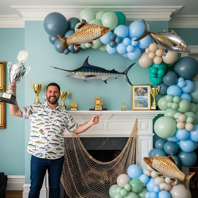 yeewaka Fishing Birthday Party Decorations Blue pastel green Gone Fishing Balloon Garland Arch Kit with Gaint Fish Balloons for Fishing Themed Baby Shower Party Decorations - Image 2