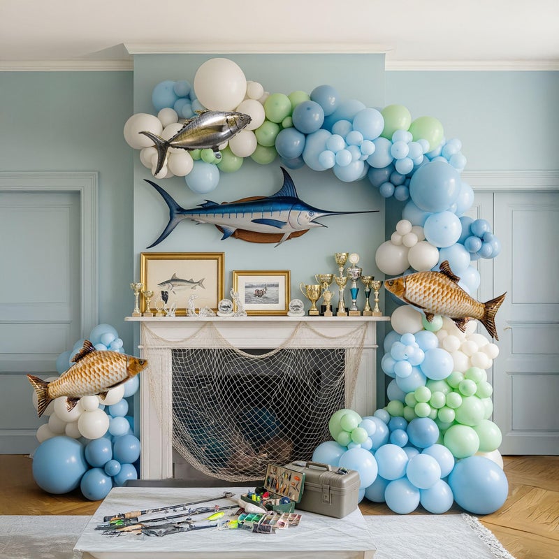 yeewaka Fishing Birthday Party Decorations Blue pastel green Gone Fishing Balloon Garland Arch Kit with Gaint Fish Balloons for Fishing Themed Baby Shower Party Decorations - Image 1