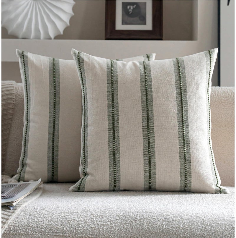 Cethom Boho Throw Pillow Covers 20x20 Set of 2, Olive Green Striped Decorative Pillow Cases for Couch Chair Bed, Textured Farmhouse Modern Accent Cushion Covers for Living Room Bedroom Sofa Home Decor - Image 1