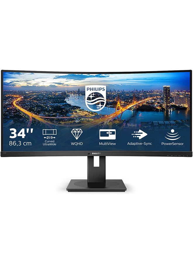 Philips 34-Inch Monitor, 345B1C, Curved Ultrawide VA panel, WQHD display, height adjustable, 5W built in speakers, HDMI/DisplayPort connectivity Black - Image 1
