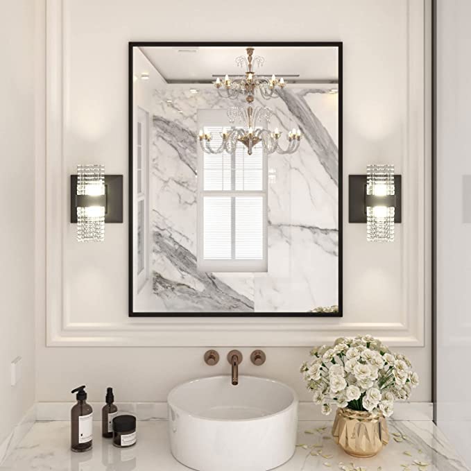 28X36 BLACK RECTANGLE BATHROOM MIRROR WALL MATTE BLACK ALUMINUM ALLOY FRAME TEMPERED GLASS HANGS VERTICALLY OR HORIZONTALLY EASY TO INSTALL