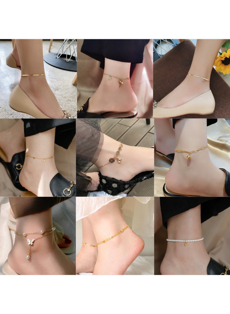 يوكانبي طقم خلخال فاخر للنساء – بطبقات متعددة، مطلي بالذهب عيار 18 والذهب الوردي، مزين باللؤلؤ والفراشة والعملات، تصاميم متنوعة - Image 1