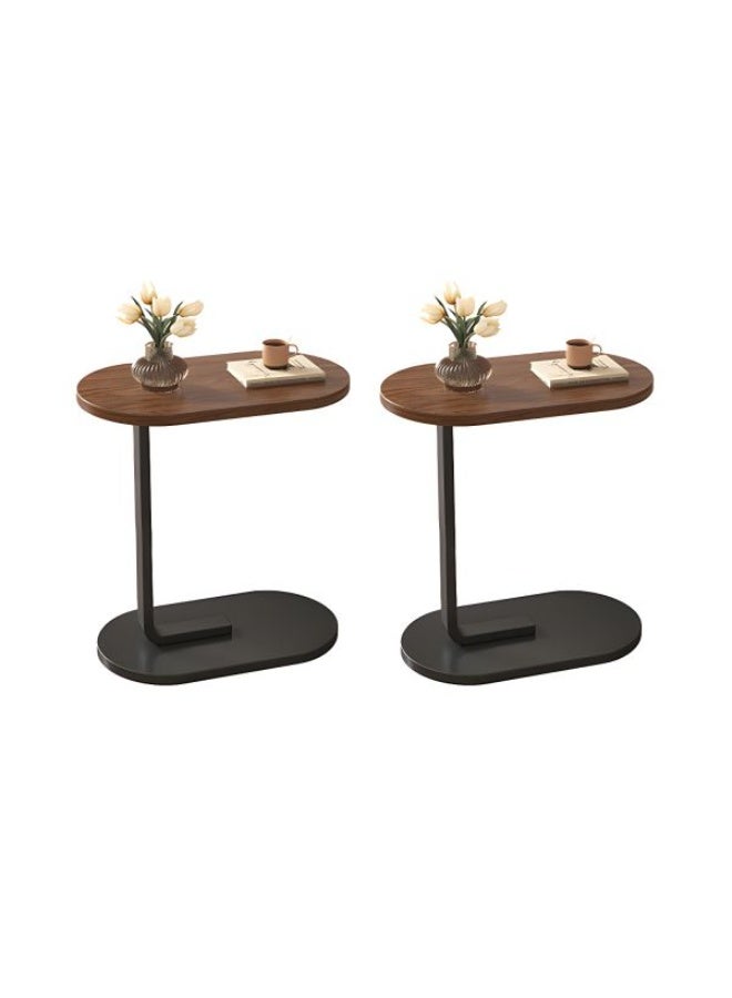 طاولة قهوة عصرية | طاولة جانبية على شكل حرف C بسطح خشبي بني وإطار معدني أسود (2 قطع)