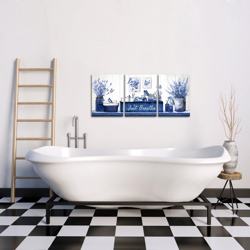 RnnJoile Navy Blue Bathroom Decor Botanical Butterflies Wall Art Just Breathe Sign Canvas Painting for Home Bathroom Decorations 12"x16" Each - Image 3