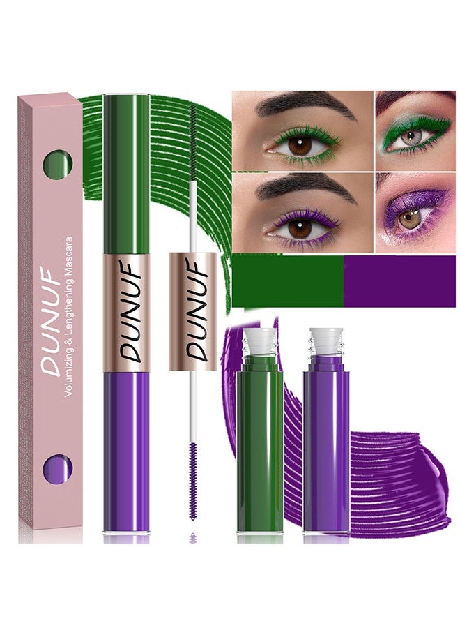 DUNUF Volumizing & Lengthening Mascara,Colored Green Mascara for eyelashes Dual ended Long-Lasting Volumizing Lengthening Purple Mascara, green contacts for eyes Waterproof Eye Makeup for Party Daily Looks 02#-Green & Purple - Image 1